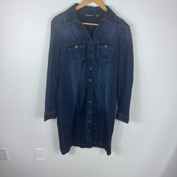 New York & Company Womens Blue Denim Dress Medium Snap Buttons Long Sleeve - Picture 2 of 9